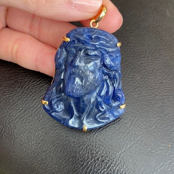 14K Real Solid Gold Carving Jesus Sodalite Christ Head Pendant Charm Large