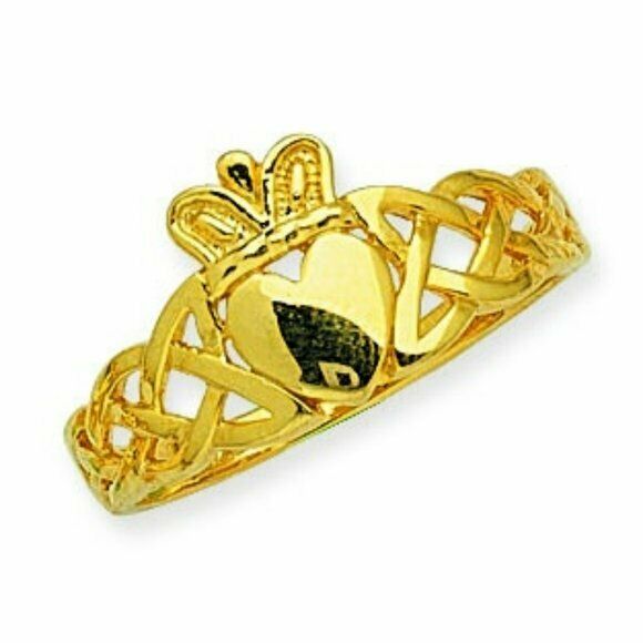 14K Solid Yellow Real Gold Braided Claddagh Ring Size 6, 7, 8