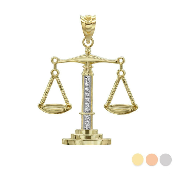 10K Solid Gold Scale Of Justice With Diamonds Pendant Necklace