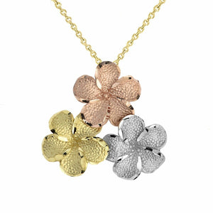 10K Solid Gold Plumeria Flowers In Tri Color Pendant Necklace.