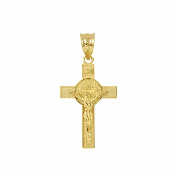 10K Solid Yellow Gold Small Saint St. Benedict Crucifix Cross Pendant Necklace