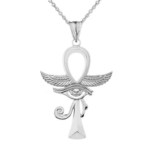 Ankh Cross Eye Of Horus Wings Pendant Necklace in 925 Sterling Silver