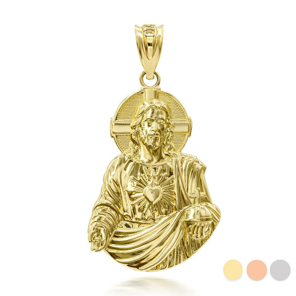 10k Solid Gold 3D Jesus Christ Sacred Heart Big Pendant Necklace