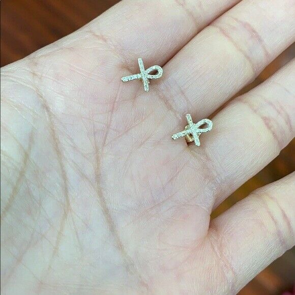 10K Solid White Gold Diamond Mini Ankh Cross Stud Earrings