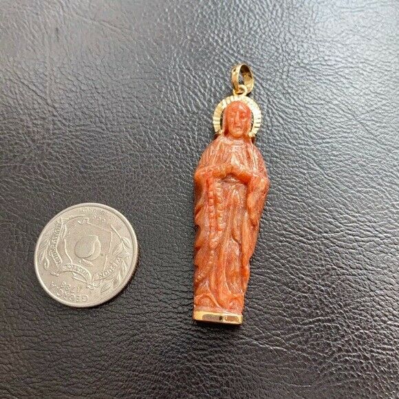 14K Solid Gold The Blessed Virgin Mary Prayer Carved Natural Red Jade Pendant