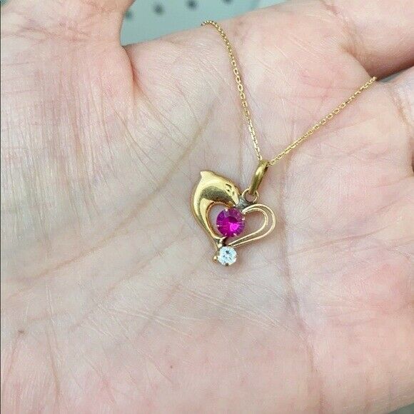 14K Solid Yellow Gold Mini Dolphin Pendant Dainty Necklace 16"-18" Adjustable