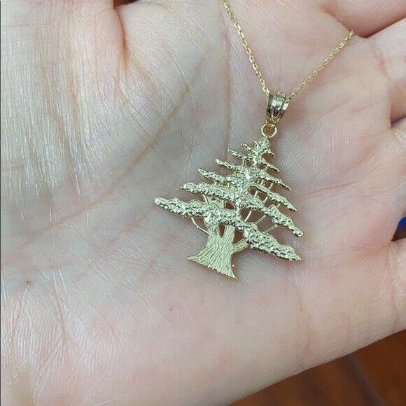 14k White Gold Lebanon Lebanese Cedar Oak Tree Cedrus Libani Pendant Necklace