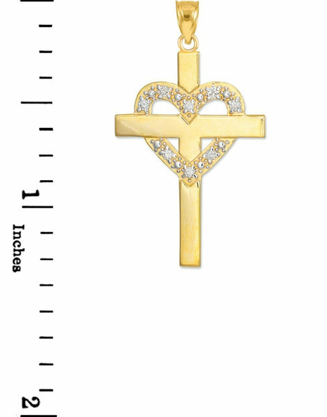 Solid 10k Yellow Gold Cross 0.08 CTW Diamond Heart Pendant Necklace