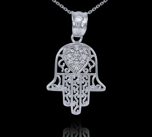 10k Solid White Gold Diamond Filigree Hamsa Pendant Necklace 16" 18" 20" 22"