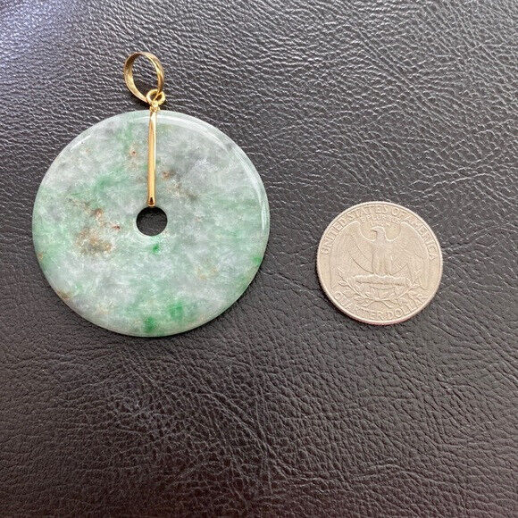 14K Solid Yellow Gold Round Large Donut Natural Jade Pendant Charm Green