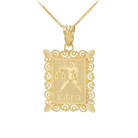 14k Solid Gold Libra Zodiac Sign Filigree Rectangular Pendant Necklace