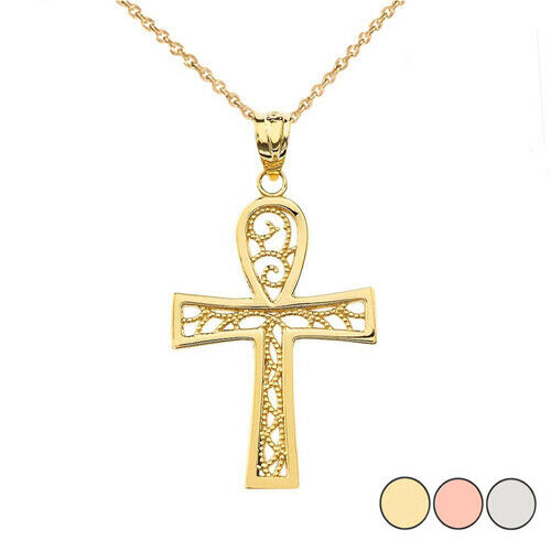 10k Solid Gold Filigree Ankh Cross Pendant Necklace