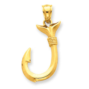 Solid 10k Yellow Gold Fishing Hook Pendant Charm 1" inch