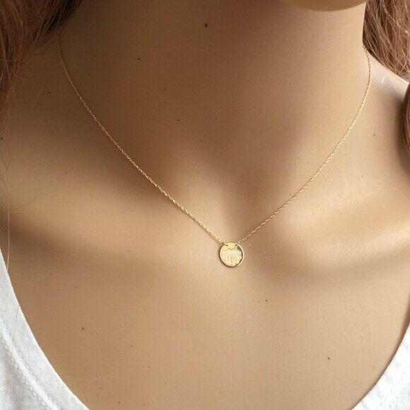 14K Solid Gold Mini Disk Etched Shell Dainty Necklace - Minimalist