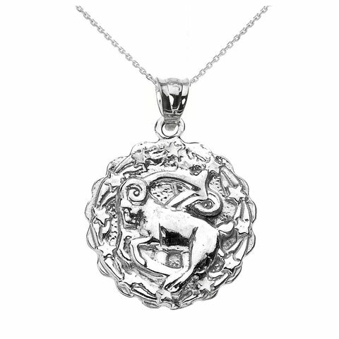 925 Sterling Silver Capricorn January Zodiac Sign Round Pendant Necklace