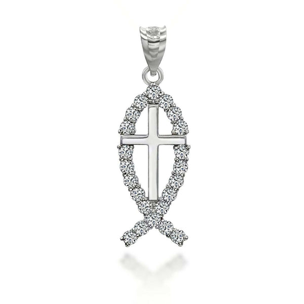10K Solid Gold Christian Cross Jesus Christ Ichthus Fish Pendant Necklace