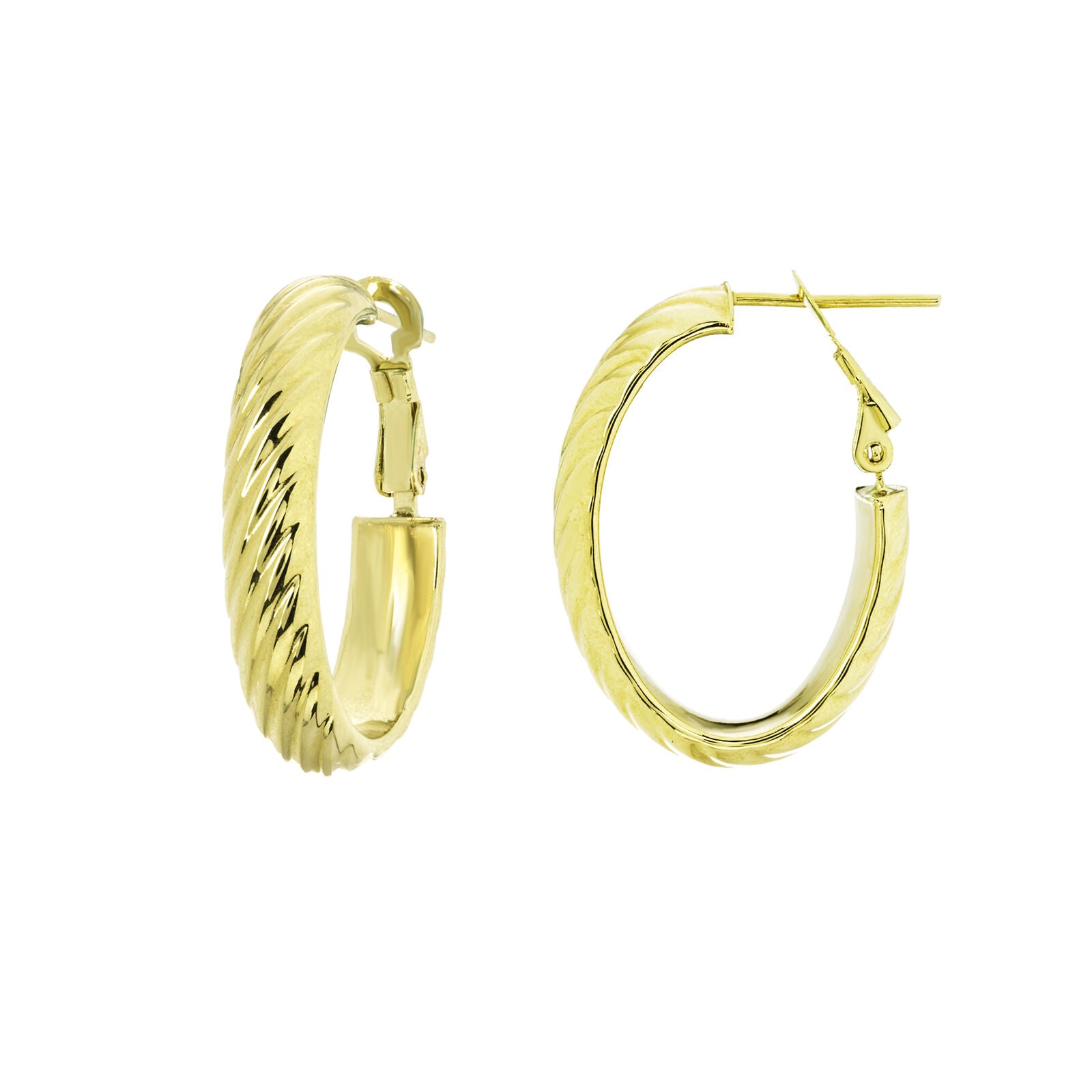14k Real Solid Yellow Gold Fancy Oval Ribbed Diamond-cut Hoop Earrings 25 mm