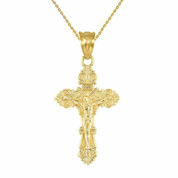 14k Solid Yellow Gold Dainty Floral Crucifix Pendant Charm Necklace