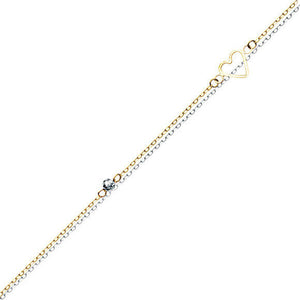 14K Solid Gold Double Strand Open Heart 2 Tone Anklet - Yellow 9"-10" adjustable