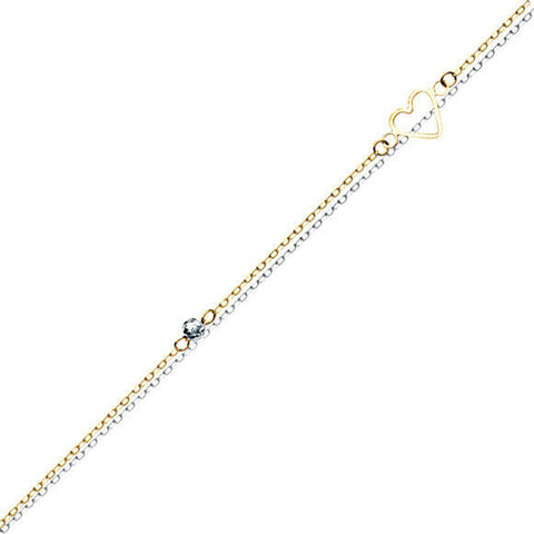 14K Solid Gold Double Strand Open Heart 2 Tone Anklet - Yellow 9"-10" adjustable