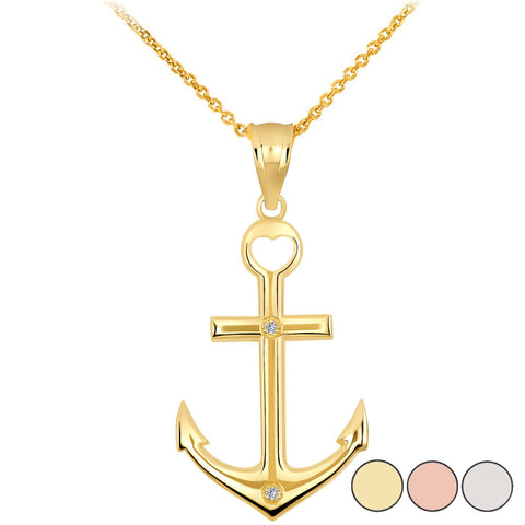 14K Solid Gold Anchor Diamond Cross Heart Pendant Necklace - Yellow, Rose, White