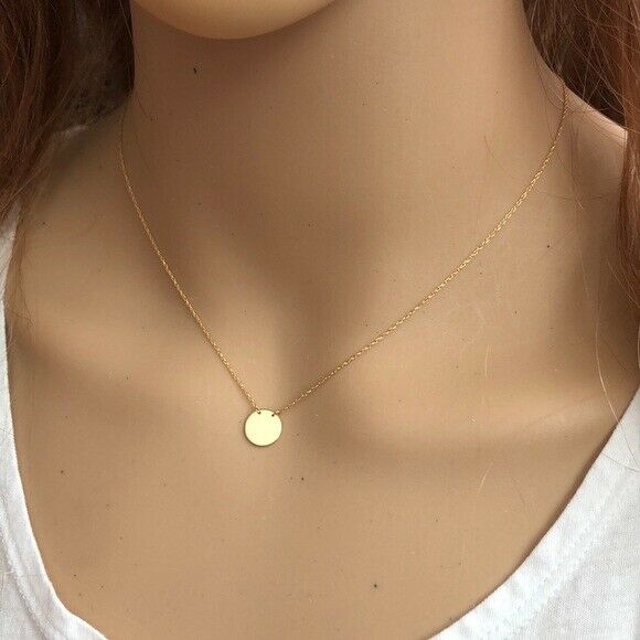 14K Solid Gold Mini Disk Round Disc Dainty Necklace - Minimalist Adjust 16"-18"