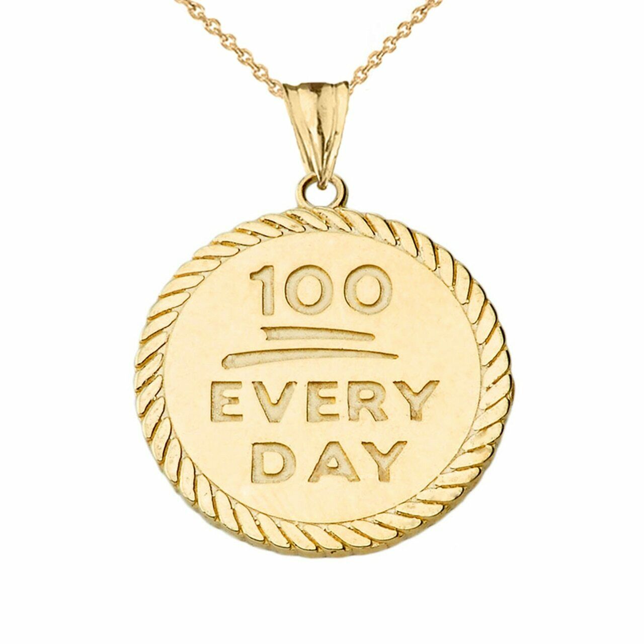 10K Solid Yellow Gold "100 Every Day” Rope Disc Pendant Necklace