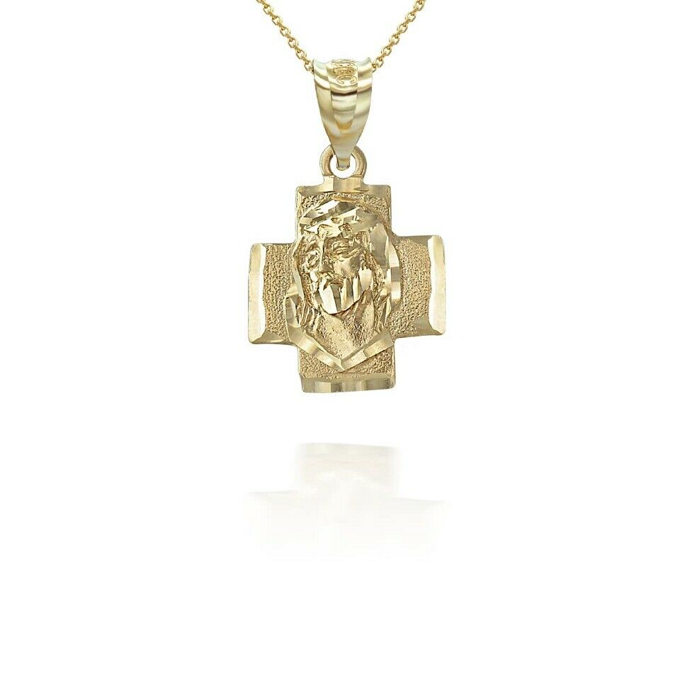 14K Solid Gold Jesus Face On a Cross Pendant Necklace