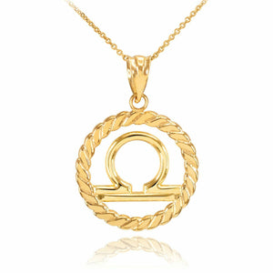 10K Solid Gold Libra Zodiac Sign Circle Rope Pendant Necklace 16" 18" 20" 22"