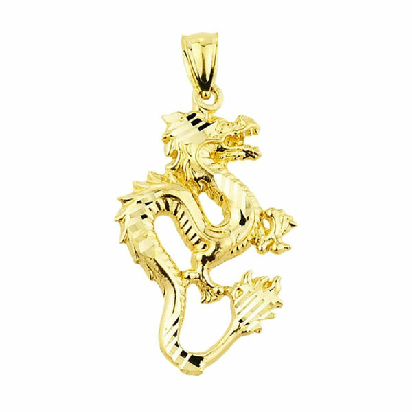 14k Real Yellow Gold Diamond Cut Dragon  Charm Pendant Necklace