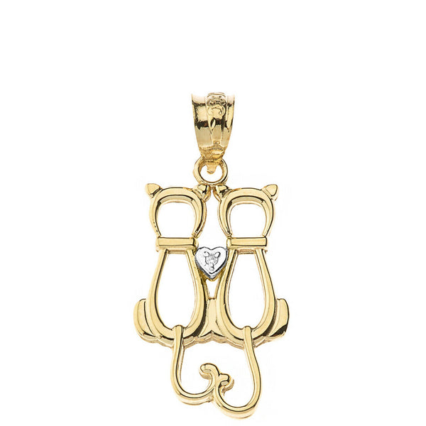 14K Solid Gold A Pair of Love Cats Heart Diamond Pendant Necklace