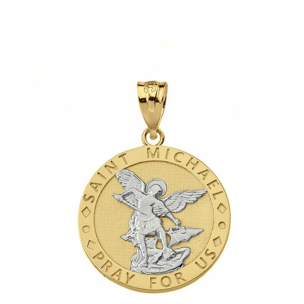 14k Two Tone Gold Engravable St. Saint Michael Pray For Us Pendant Necklace