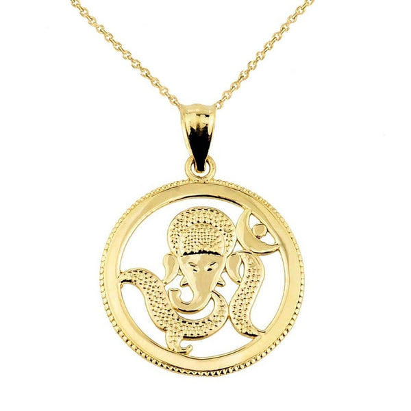 10K Solid Gold Hindu Lord Ganesha Pendant Necklace - Yellow, Rose, or White Gold