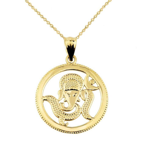 10K Solid Gold Hindu Lord Ganesha Pendant Necklace - Yellow, Rose, or White Gold