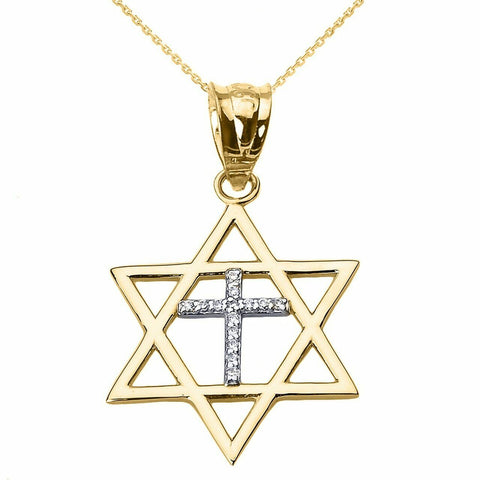 14k Solid Gold Jewish Israel Star of David with Diamond Cross Pendant Necklace