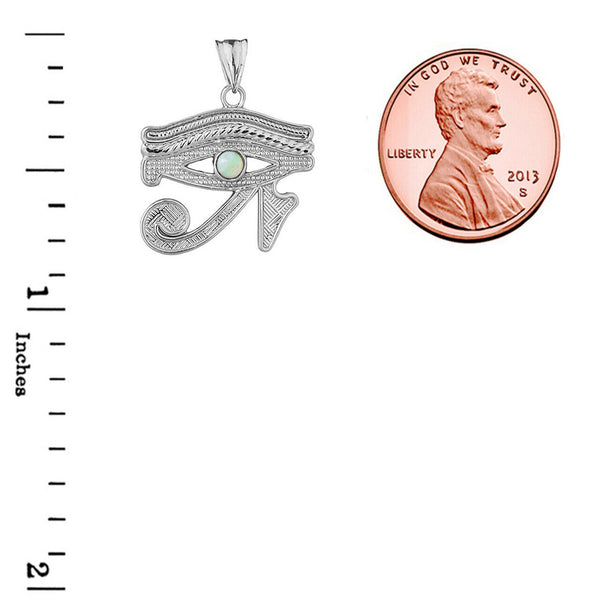 Solid White Gold 10K Eye Of Horus (Ra) With Opal Center Stone Pendant Necklace