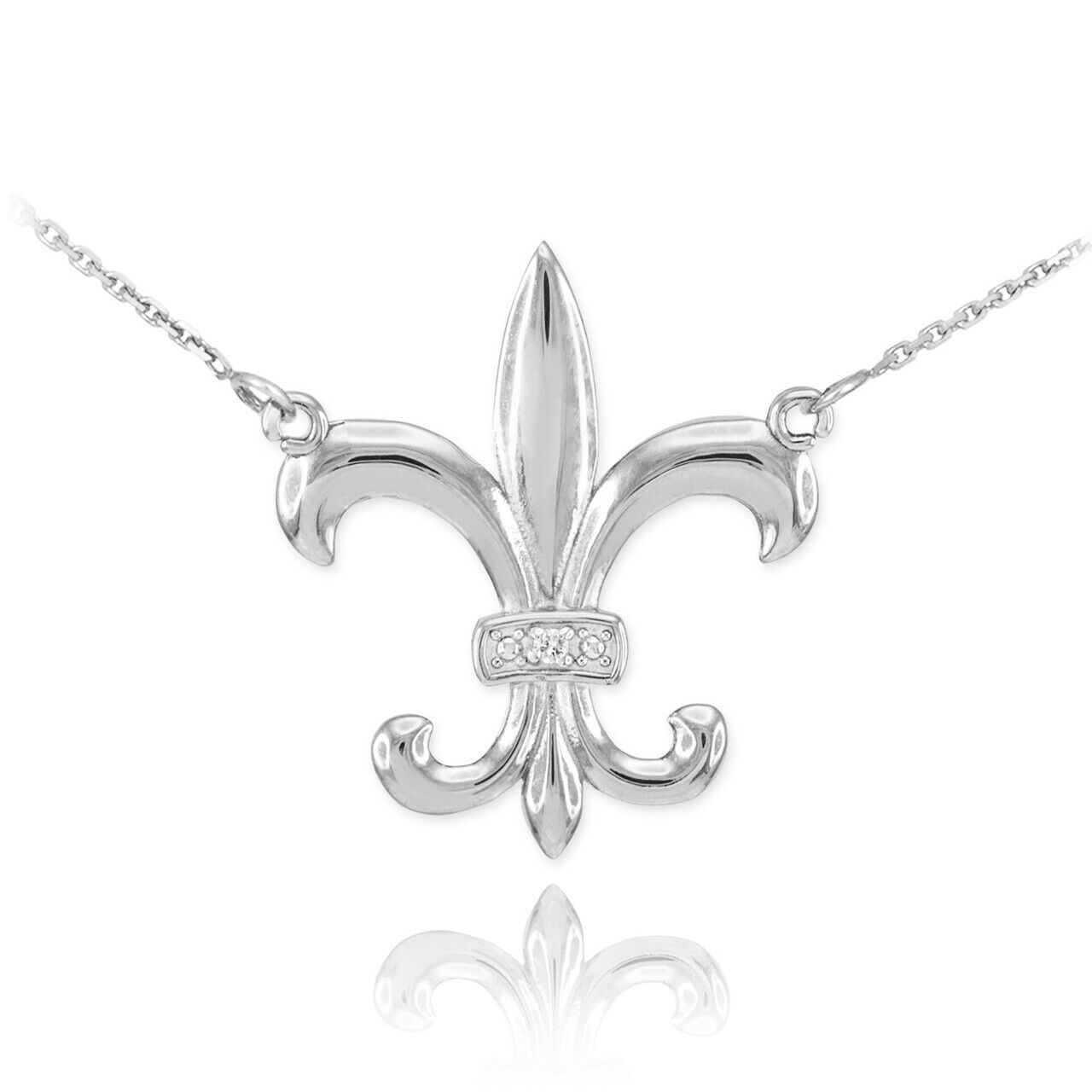 14k Solid White Gold Diamond French Fleur de Lis Stylized lily Flower Necklace