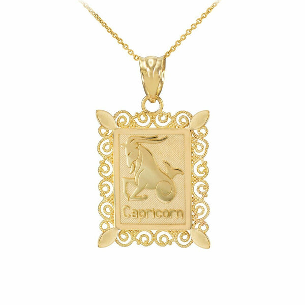 14k Solid Gold Capricorn Zodiac Sign Filigree Rectangular Pendant Necklace