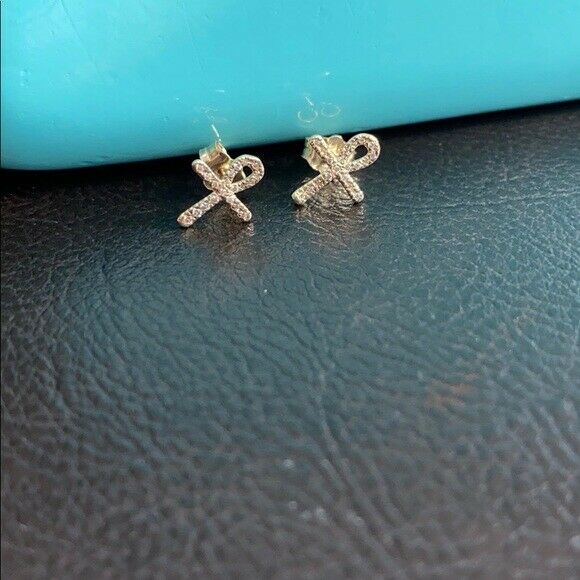 14K Solid Real Yellow Gold Diamond Mini Ankh Cross Stud Earrings