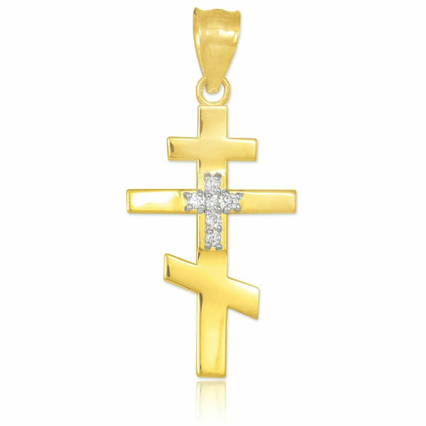 10k Real Yellow Gold Diamond Studded Russian Orthodox Cross Pendant Necklace