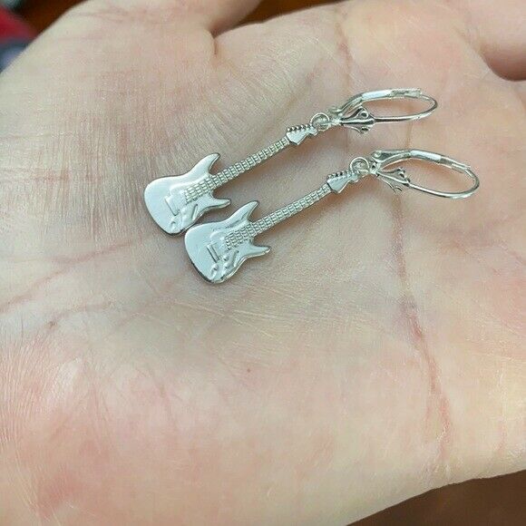 .925 Sterling Silver Electric Rockstar Band Guitar Leverback Earrings
