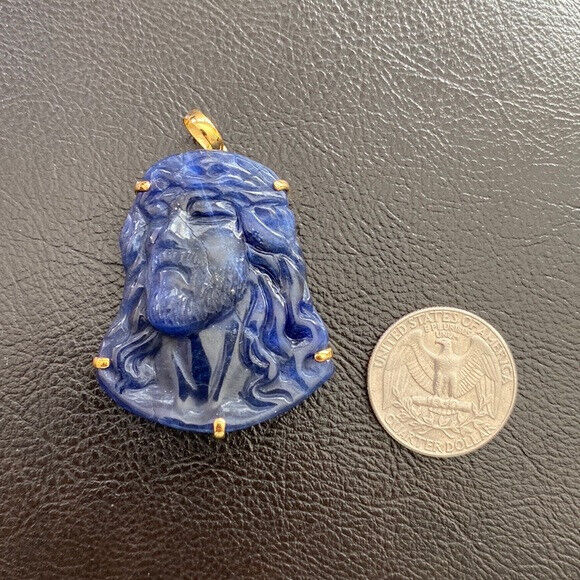 14K Real Solid Gold Carving Jesus Sodalite Christ Head Pendant Charm Large