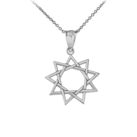 Solid 10k White Gold 9 Star Baha'i Sun Openwork Pendant Necklace