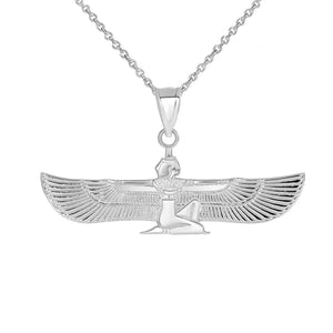 10K Solid White Gold Egyptian ISIS Goddess of Life Magic Winged Pendant Necklace