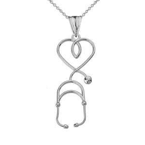 14k Solid White Gold Stethoscope Heart Pendant Necklace 16" 18" 20" 22"