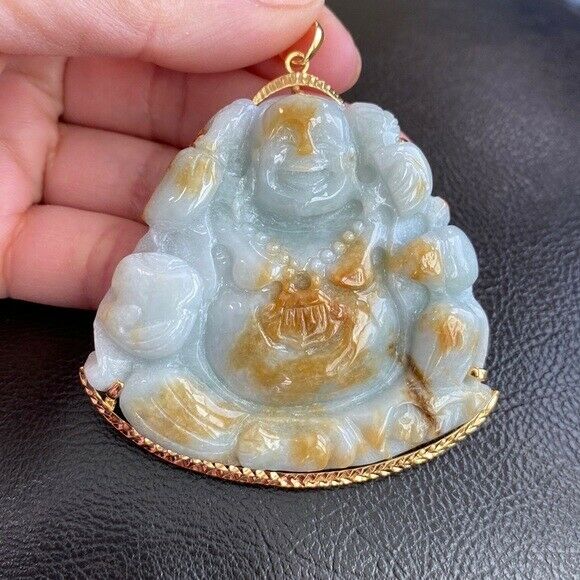 14K Gold Carved Natural Jadeite Jade Laughing Buddha Pendant Big Heavy Buddhist