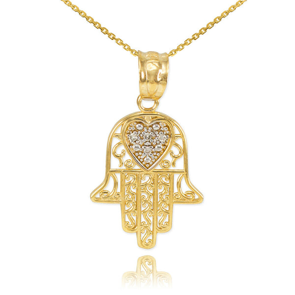 10k Solid Yellow Gold Diamond Filigree Hamsa Pendant Necklace 16" 18" 20" 22"