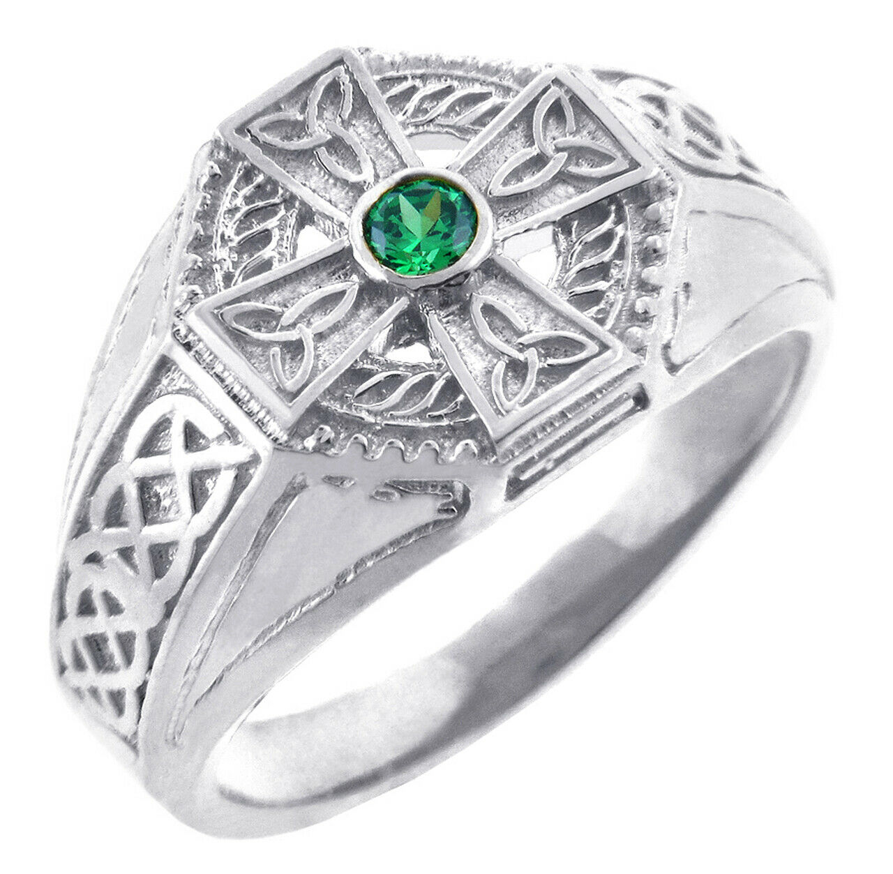 925 Sterling Silver Celtic Cross Ring Emerald Center and Trinity Band All Size
