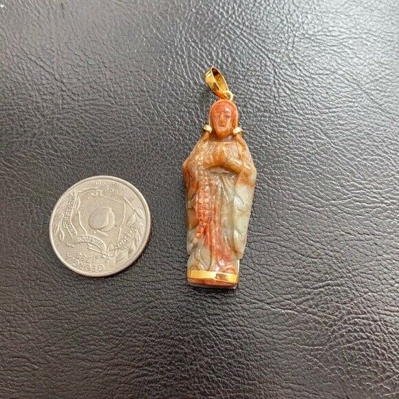 14K Solid Gold The Blessed Virgin Mary Prayer Carved Natural Red Jade Pendant