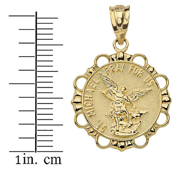 14k Solid Yellow Gold St.Saint Michael Pray For Us Round Circle Pendant Necklace